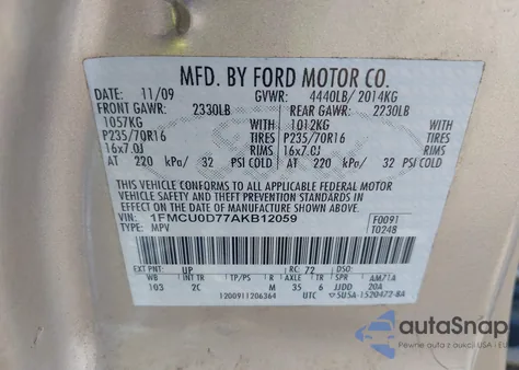 2010 Ford Escape Xlt z USA, uszkodzony, nr VIN 1FMCU0D77AKB12059